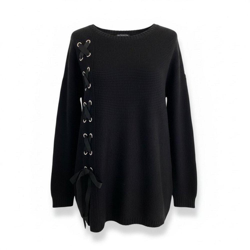 Black Crew Neck Sweater with Lace-Up Detail